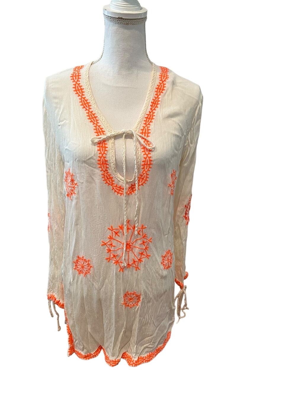 Long Sleeve Tunic Cover Up Resort Dress White Embroidered Neon Orange